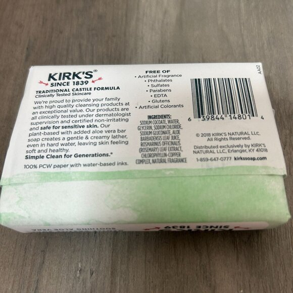 Kirks Castile Soap 100% Coconut Oil Sensitive Skin 4oz 3-Pack Aloe Vera USA Made - Picture 3 of 4